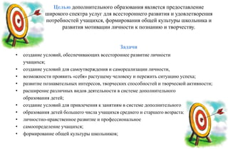 Целью дополнительного образования является предоставление
широкого спектра услуг для всестороннего развития и удовлетворения
потребностей учащихся, формирования общей культуры школьника и
развития мотивации личности к познанию и творчеству.
Задачи
• создание условий, обеспечивающих всестороннее развитие личности
учащихся;
• создание условий для самоутверждения и самореализации личности,
• возможности проявить «себя» растущему человеку и пережить ситуацию успеха;
• развитие познавательных интересов, творческих способностей и творческой активности;
• расширение различных видов деятельности в системе дополнительного
образования детей;
• создание условий для привлечения к занятиям в системе дополнительного
• образования детей большего числа учащихся среднего и старшего возраста;
• личностно-нравственное развитие и профессиональное
• самоопределение учащихся;
• формирование общей культуры школьников;
 