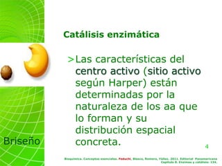 4
Briseño
Bioquímica. Conceptos esenciales. Feduchi, Blasco, Romero, Yáñez. 2011. Editorial Panamericana
Capítulo 8. Enzimas y catálisis: 134.
Catálisis enzimática
>Las características del
centro activo (sitio activo
según Harper) están
determinadas por la
naturaleza de los aa que
lo forman y su
distribución espacial
concreta.
 