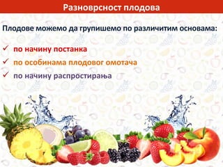 Разноврсност плодова
Плодове можемо да групишемо по различитим основама:
 по начину постанка
 по особинама плодовог омотача
 по начину распростирања
 