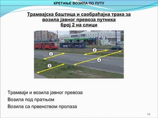 14
Трамвајска баштица и саобраћајна трака за
возила јавног превоза путника
број 2 на слици
Трамваји и возила јавног превоза
Возила под пратњом
Возила са првенством пролаза
КРЕТАЊЕ ВОЗИЛА ПО ПУТУ
 
