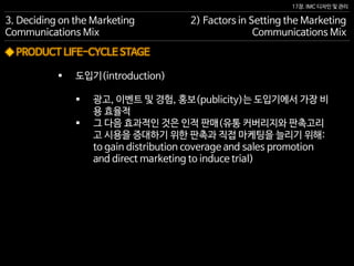 17장. IMC 디자인 및 관리
◆ PRODUCT LIFE-CYCLE STAGE
 도입기(introduction)
 광고, 이벤트 및 경험, 홍보(publicity)는 도입기에서 가장 비
용 효율적
 그 다음 효과적인 것은 인적 판매(유통 커버리지와 판촉고리
고 시용을 증대하기 위한 판촉과 직접 마케팅을 늘리기 위해:
to gain distribution coverage and sales promotion
and direct marketing to induce trial)
3. Deciding on the Marketing
Communications Mix
2) Factors in Setting the Marketing
Communications Mix
 