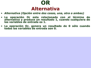 OR
Alternativa
• Alternativa (Opción entre dos cosas, una, otra o ambas)
• La operación Or esta relacionada con el término de
alternativa y produce un resultado 1, cuando cualquiera de
las variables de entrada es 1.
• La operación Or, genera un resultado de 0 sólo cuando
todas las variables de entrada son 0.
 