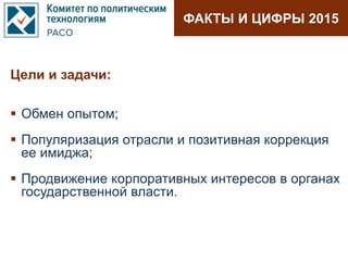 ФАКТЫ И ЦИФРЫ 2015
Цели и задачи:
 Обмен опытом;
 Популяризация отрасли и позитивная коррекция
ее имиджа;
 Продвижение корпоративных интересов в органах
государственной власти.
 