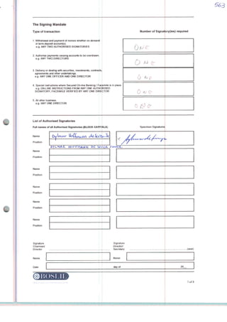 The Signíng Mandate
Type of transaction
1. Withdrawal and payment of moníes whether on demand
or term deposit account(s).
e.g. ANY TWO AUTHORISED SIGNATORIES
2. Authorise payments causing accounts to be overdnawn.
e.g. ANY TWO DIRECTORS
3. Delivery or dealing wilh securittes, ínvesimente, contracts,
agreements and other underiakings
e g. ANY ONE OFFICER AND ONE DIRECTOR
4. Special instructions where Secured On-tíne Banking / Facsimite is in place
e.g. ON-LINE INSTRUCTIONS FROM ANY ONE AUTHORISED
SIGNATORY, FACSIMILE VERIFIED 8Y ANY ONE DIREOTOR
5 Ali other business
e.g. ANY ONE DIRECTOR
List of Authorised Signatories
Full names of ai! Authorised Signatofies (BLOCK CAPTTÀLS)
Name
Position
Name
Posrtíon
Name
Position
Name
Posftion
Name
Position
Name
Position
Signature
Chairman/
Director
D>j
Name
Date
Number of Signatoryíies) required
0 ^ c
0 ^ :
Specimen Signatures
2ÍU/^vw->v<*^
Signature
Director/
Secrelary
Name
©I5OSI.IÍ
day of
563
.(seal)
20
7of8
 