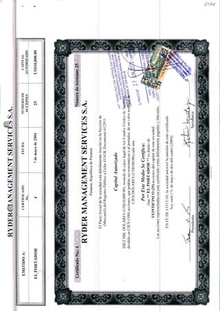RYDERnANAGEMENTSERVIÇOSS.A.
EMITIDOA:CERTIFICADO
No,
ELPORTADOR
FECHA
7deniiiyode2004
NUMERODE
ACCIONES
■-'■---.:'.■■-...-^:-:.-.:,.-.■:.:-:■■•:-..'..:■:
CAPITAL
AUTORIZADO
US$10,000.00
.
:,u:^.>:^^^
^■'
Númei
RYDERMANAGEMENTSERVICESS.A.
Panamá,RepúblicadePanamá
ETPactoSocialdeIasociedadestadebídamenteinscritoenIaSeccíonde
(Mercantil)deiRegistroPúblicoaPicha453438.Documento612955.
CapitalAutorizado
DIEZMILDÓLARES(US$10,000.00),monedadecursolegaldelosEstadosUnidosde
divididoenC1EN(100)acciones,quepodránsernominativasoaiportador,deunvalori
CIENDÓLARES(US$100.00)cadauna.
5.1
PorEsteMédioSeCertifica:
Que**ELPORTADOR**csduenode
VEINTICINCO(25)accionesdeicapitaldeestasociedad.cA
Lasaccionesrepresentadasenestecertificadoestándebidamentepagadasyliberadas.tKUQQc^f
ENFEDELOCUALIasociedadautorizoIaemisióndeestecertificado
hoysiete(7)demayodedosmilcuatro(2004).
Presidenta
VlMí
 