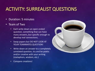 ACTIVITY: SURREALIST QUESTIONS
• Duration: 5 minutes
• Team of Two
• Each write down an open ended
question, something that can have
many answers, but specific enough to
develop real connections.
• Swap papers but DO NOT LOOK AT
YOUR TEAMMATES QUESTION!
• Write down an answer to a completely
unrelated question, try and be poetic
and/or creative with your writing
(metaphors, wisdom, etc.)
• Compare creations!
 
