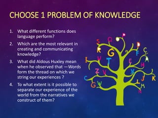 CHOOSE 1 PROBLEM OF KNOWLEDGE
1. What different functions does
language perform?
2. Which are the most relevant in
creating and communicating
knowledge?
3. What did Aldous Huxley mean
when he observed that ―Words
form the thread on which we
string our experiences ?
4. To what extent is it possible to
separate our experience of the
world from the narratives we
construct of them?
 