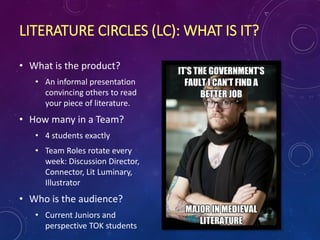 LITERATURE CIRCLES (LC): WHAT IS IT?
• What is the product?
• An informal presentation
convincing others to read
your piece of literature.
• How many in a Team?
• 4 students exactly
• Team Roles rotate every
week: Discussion Director,
Connector, Lit Luminary,
Illustrator
• Who is the audience?
• Current Juniors and
perspective TOK students
 
