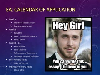 EA: CALENDAR OF APPLICATION
• Week 4
• Prescribed titles discussion
• Brainstorm worksheet
• Week 5
• Select title
• Begin consolidating research
• Essay Outline
• Week 6 - 11
• Essay grading
• Essay Structure
• References and discernment
• Language clarity and definitions
• Peer Review dates:
• 9/24, 10/23, 11/6
• Instructor Review dates
• 11/16, 12/16
 