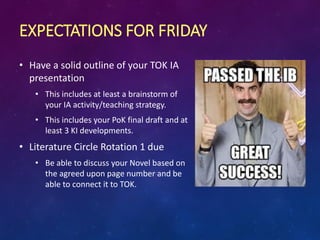 EXPECTATIONS FOR FRIDAY
• Have a solid outline of your TOK IA
presentation
• This includes at least a brainstorm of
your IA activity/teaching strategy.
• This includes your PoK final draft and at
least 3 KI developments.
• Literature Circle Rotation 1 due
• Be able to discuss your Novel based on
the agreed upon page number and be
able to connect it to TOK.
 
