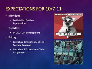 EXPECTATIONS FOR 10/7-11
• Monday:
• EA Detailed Outline
Explanation
• Tuesday:
• IA CALP List development
• Friday:
• Literature Circles Student-Led
Socratic Seminar.
• Introduce 2nd Literature Circle
Assignment.
 