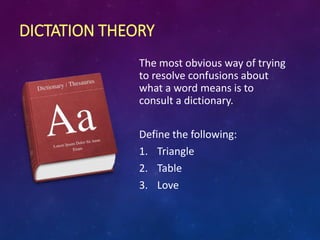 DICTATION THEORY
The most obvious way of trying
to resolve confusions about
what a word means is to
consult a dictionary.
Define the following:
1. Triangle
2. Table
3. Love
 