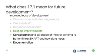 15
What does 17.1 mean for future
development?
Improved ease of development
● Clean up of repositories (single repo)
● One step build
● Dependencies update
● Rest api improvements
● Consolidation and extension of the star schema to
better fit tranSMART and new data types
● Documentation
 