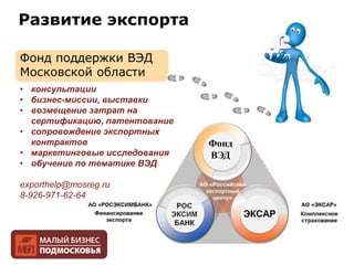 Развитие экспорта
Фонд поддержки ВЭД
Московской области
• консультации
• бизнес-миссии, выставки
• возмещение затрат на
сертификацию, патентование
• сопровождение экспортных
контрактов
• маркетинговые исследования
• обучение по тематике ВЭД
exporthelp@mosreg.ru
8-926-971-62-64
Фонд
ВЭД
 