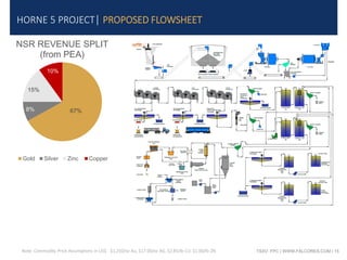 TSXV: FPC | WWW.FALCORES.COM | 15
HORNE 5 PROJECT| PROPOSED FLOWSHEET
67%8%
15%
10%
NSR REVENUE SPLIT
(from PEA)
Gold Silver Zinc Copper
Note: Commodity Price Assumptions in US$ - $1,250/oz Au, $17.00/oz AG, $2.85/lb CU, $1.00/lb ZN
 