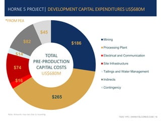 TSXV: FPC | WWW.FALCORES.COM | 16
HORNE 5 PROJECT| DEVELOPMENT CAPITAL EXPENDITURES US$680M
$186
$265
$16
$74
$14
$82
$45
Mining
Processing Plant
Electrical and Communication
Site Infrastructure
Tailings and Water Management
Indirects
Contingency
TOTAL
PRE-PRODUCTION
CAPITAL COSTS
US$680M
Note: Amounts may vary due to rounding.
*FROM PEA
 