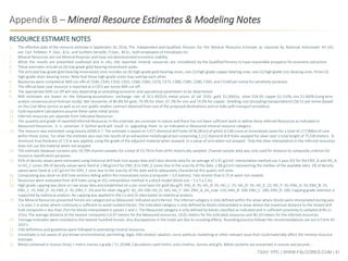 TSXV: FPC | WWW.FALCORES.COM | 41
Appendix B – Mineral Resource Estimates & Modeling Notes
1. The effective date of the resource estimate is September 26, 2016. The Independent and Qualified Persons for the Mineral Resource Estimate as required by National Instrument 43-101
are Carl Pelletier, P. Geo., B.Sc. and Guilhem Servelle, P.Geo., M.Sc., both employees of InnovExplo Inc.
2. Mineral Resources are not Mineral Reserves and have not demonstrated economic viability.
3. While the results are presented undiluted and in situ, the reported mineral resources are considered by the Qualified Persons to have reasonable prospects for economic extraction.
4. These estimates include six (6) low grade gold-bearing mineralized zones.
5. The principal low-grade gold-bearing mineralized zone includes six (6) high-grade gold-bearing zones, one (1) high-grade copper-bearing zone, one (1) high grade zinc-bearing zone, three (3)
high-grade silver-bearing zones. Note that these high-grade zones may overlap each other.
6. Resources were compiled at NSR cut-offs of C$40, C$45, C$50, C$55, C$60, C$65, C$70, C$75, C$80, C$85, C$90, C$95, and C$100 per tonne for sensitivity purposes.
7. The official base case resource is reported at a C$55 per tonne NSR cut-off.
8. The appropriate NSR cut-off will vary depending on prevailing economic and operational parameters to be determined.
9. NSR estimates are based on the following assumptions: exchange rate of $C1.30/$US, metal prices of (all $US): gold $1,300/oz, silver $18.50, copper $2.15/lb, zinc $1.00/lb (Long term
analyst consensus price forecast study). Net recoveries of 86.8% for gold, 74.9% for silver, 67.3% for zinc and 74.0% for copper. Smelting cost (including transportation) C$6.52 per tonne (based
on the Cost Mine service as well as on non-public smelter contract obtained from one of the proposed destinations and on talks with transport providers).
10. Gold equivalent calculations assume these same metal prices.
11. Inferred resources are separate from Indicated Resources
12. The quantity and grade of reported Inferred Resources in this estimate are uncertain in nature and there has not been sufficient work to define these Inferred Resources as Indicated or
Measured Resources. It is uncertain if further work will result in upgrading them to an Indicated or Measured mineral resource category.
13. The resource was estimated using Geovia GEMS 6.7. The estimate is based on 5,977 diamond drill holes (478,281m) of which 4,138 crosscut mineralized zones for a total of 177,996m of core
within these zones. For silver the estimate also uses the results of an exhaustive metallurgical test comprising 2,112 diamond drill holes assayed for silver over a total length of 75,540 meters. A
minimum true thickness of 7.0 m was applied, using the grade of the adjacent material when assayed, or a value of zero when not assayed. Only the silver interpolation in the Inferred resources
does not use the material when not assayed.
14. The estimate database contains also 14,799 channel samples for a total of 23,791m from drifts historically sampled. Channel sample data was only used for distance to composite criterion for
resource classification purposes.
15. 91% of density values were estimated using historical drill hole iron assays data and Falco density data for an average of 3.41 g/cm3. Interpolation method use 3 pass ID2 for the ENV_A and HG_A
to HG_F zones. 8% of density values were fixed at 2.88 g/cm3 for ENV_B to ENV_E zones due to the scarcity of the data. 2.88 g/cm3 representing the median of the available data. 1% of density
values were fixed at 2.67 g/cm3 for ENV_F zone due to the scarcity of the date and to adequately characterise this quartz-rich zone.
16. Compositing was done on drill hole sections falling within the mineralized zones (composite = 3.0 metres). Tails shorter than 0.75 m were not created.
17. Resources were evaluated from drill holes using an ID2 interpolation method in a block model (block size = 5 x 5 x 5 m).
18. High grade capping was done on raw assay data and established on a per zone basis for gold (Au g/t): (HG_A: 35; HG_B: 35; HG_C: 25; HG_D: 35; HG_E: 25; HG_F: 35; ENV_A: 35; ENV_B: 25;
ENV_C: 25; ENV_D: 20; ENV_E: 35; ENV_F: 25) and for silver (Ag g/t): SG_HG:100; HG_D: 165; HG_F: 165; ENV_A_SG_Low: 110; ENV_B: 100; ENV_C: 100; ENV_D: 100. Capping grade selection is
supported by statistical analysis. No capping was applied to the Cu and Zn data based on statistical analysis.
19. The Mineral Resources presented herein are categorized as Measured, Indicated and Inferred. The Inferred category is only defined within the areas where blocks were interpolated during pass
1 or pass 2 in areas where continuity is sufficient to avoid isolated blocks. The Indicated category is only defined by blocks interpolated in areas where the maximum distance to the closest drill
hole composite is less than 25m for blocks interpolated in passes 1 and 2. The Measured category is only defined by blocks classified as indicated and in sufficient proximity to sampled drifts (<
15m). The average distance to the nearest composite is 6.97 meters for the Measured resources, 10.01 meters for the Indicated resources and 40.10 meters for the Inferred resources.
20. Tonnage estimates were rounded to the nearest hundred tonnes. Any discrepancies in the totals are due to rounding effects. Rounding practice follows the recommendations set out in Form 43-
101F1.
21. CIM definitions and guidelines were followed in estimating mineral resources.
22. InnovExplo is not aware of any known environmental, permitting, legal, title-related, taxation, socio-political, marketing or other relevant issue that could materially affect the mineral resource
estimate.
23. Metal contained in ounces (troy) = metric tonnes x grade / 31.10348. Calculations used metric units (metres, tonnes and g/t). Metal contents are presented in ounces and pounds .
RESOURCE ESTIMATE NOTES
 