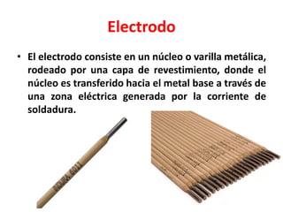 • El electrodo consiste en un núcleo o varilla metálica,
rodeado por una capa de revestimiento, donde el
núcleo es transferido hacia el metal base a través de
una zona eléctrica generada por la corriente de
soldadura.
Electrodo
 