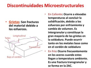 Discontinuidades Microestructurales
• Grietas: Son fracturas
del material debido a
los esfuerzos.
• En Caliente: Ocurre a elevadas
temperaturas al concluir la
solidificación, debido a los
esfuerzos por enfriamiento y
cambio de volumen. Es
intergranular y constituye la
gran mayoría de las grietas en
la soldadura. Puede ocurrir
tanto en los metales base como
en el cordón de soldadura
• En frío: Ocurre frecuentemente
en los aceros cuando estos
llegan a temperatura ambiente.
Es una fractura transgranular y
se forma en la ZAC.
Talón
Longitudinal
Transversal
Bajo el cordón
 