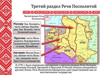 Третий раздел Речи Посполитой
В 1795 г. было подписано соглашение о третьем разделе Речи Посполи-
той между Россией, Австрией и Пруссией. К России отошли западнобело-
русские земли. Речь Посполитая прекратила своё существование как са-
мостоятельное государство.
Третий раздел Речи
Посполитой
Россия: Зап. Беларусь,
часть Литвы, Курлян-
дия, Зап. Волынь, часть
Холмской земли
Пруссия: часть Мазо-
вецкого, Подляшского,
Гродненского, Трокско-
го воев., Жемайтия
Австрия: Малая Поль-
ша, южная часть Поль-
ши, западная часть
Брестского воеводства
1772
1772
1772
1793
1793
 