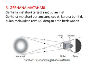 B. GERHANA MATAHARI
Gerhana matahari terjadi saat bulan mati
Gerhana matahari berlangsung cepat, karena bumi dan
bulan melakukan revolusi dengan arah berlawanan
 