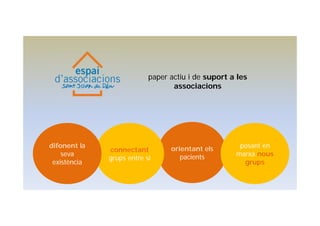 paper actiu i de suport a les
associacions
orientant els
pacients
connectant
grups entre si
difonent la
seva
existència
posant en
marxa nous
grups
 