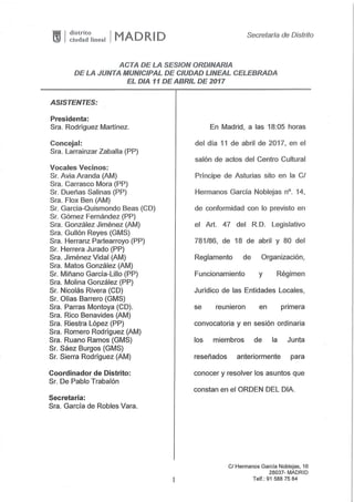 Acta Pleno Ordinario de Distrito de Ciudad Lineal | Abril 2017
