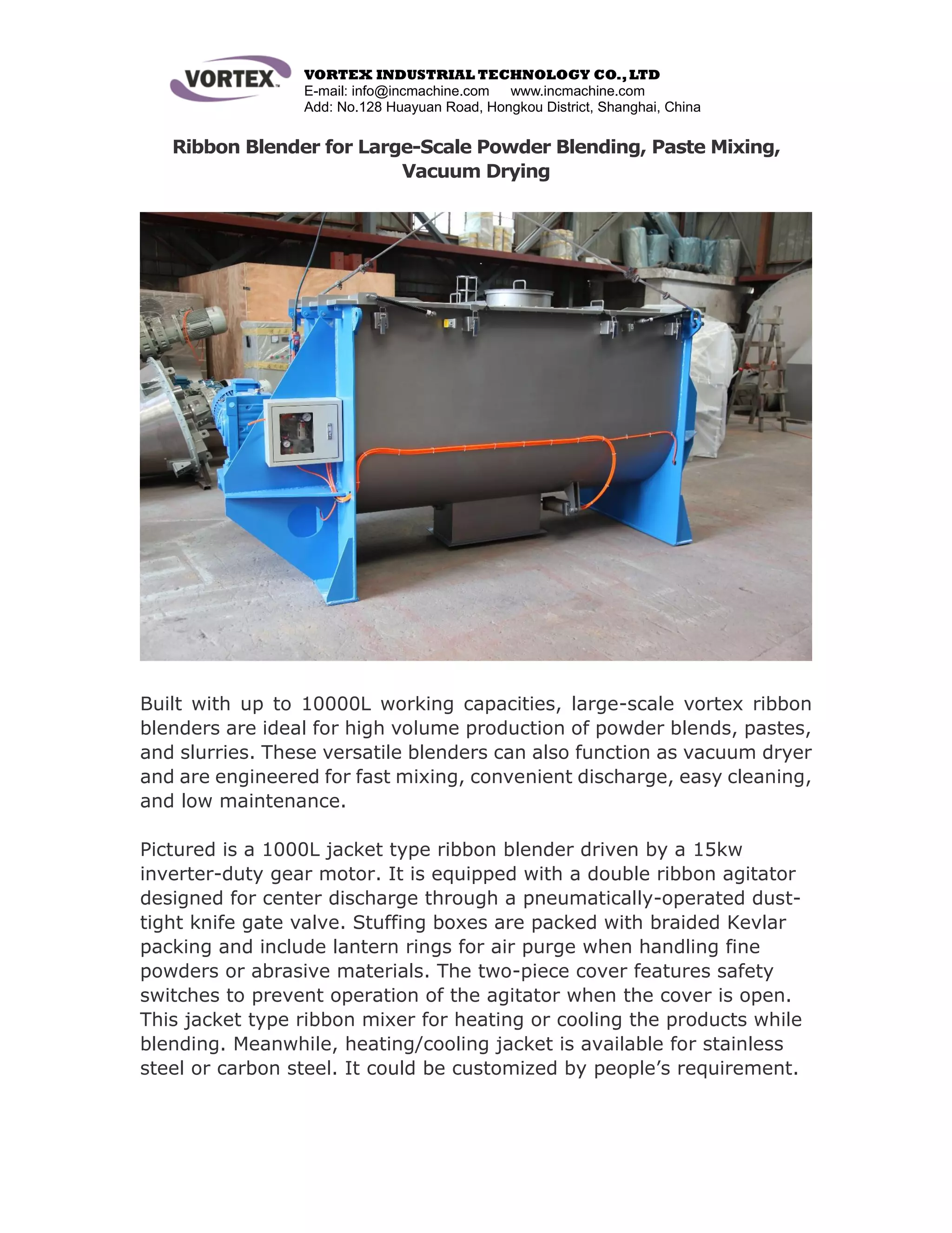 ribbon blender for large scale powder blending, paste mixing, vacuum