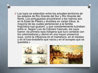 O Los tupís se extendían entre los actuales territorios de
los estados de Río Grande del Sur y Río Grande del
Norte. Los portugueses encontraron a los nativos aún
en la Edad de Piedra y divididos en varias tribus, la
mayoría de las cuales pertenecían a la familia
lingüística tupí-guaraní, y que constantemente luchaban
entre sí. Según Luís da Cámara Cascudo, los tupís
fueron «la primera raza indígena que tuvo contacto con
los colonizadores y derivó en una mayor presencia
suya, como la influencia en el mameluco, en el mestizo
y en el luso-brasileño que nacía y en el europeo que se
quedaba.»
 