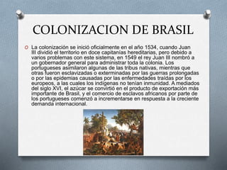 COLONIZACION DE BRASIL
O La colonización se inició oficialmente en el año 1534, cuando Juan
III dividió el territorio en doce capitanías hereditarias, pero debido a
varios problemas con este sistema, en 1549 el rey Juan III nombró a
un gobernador general para administrar toda la colonia. Los
portugueses asimilaron algunas de las tribus nativas, mientras que
otras fueron esclavizadas o exterminadas por las guerras prolongadas
o por las epidemias causadas por las enfermedades traídas por los
europeos, a las cuales los indígenas no tenían inmunidad. A mediados
del siglo XVI, el azúcar se convirtió en el producto de exportación más
importante de Brasil, y el comercio de esclavos africanos por parte de
los portugueses comenzó a incrementarse en respuesta a la creciente
demanda internacional.
 