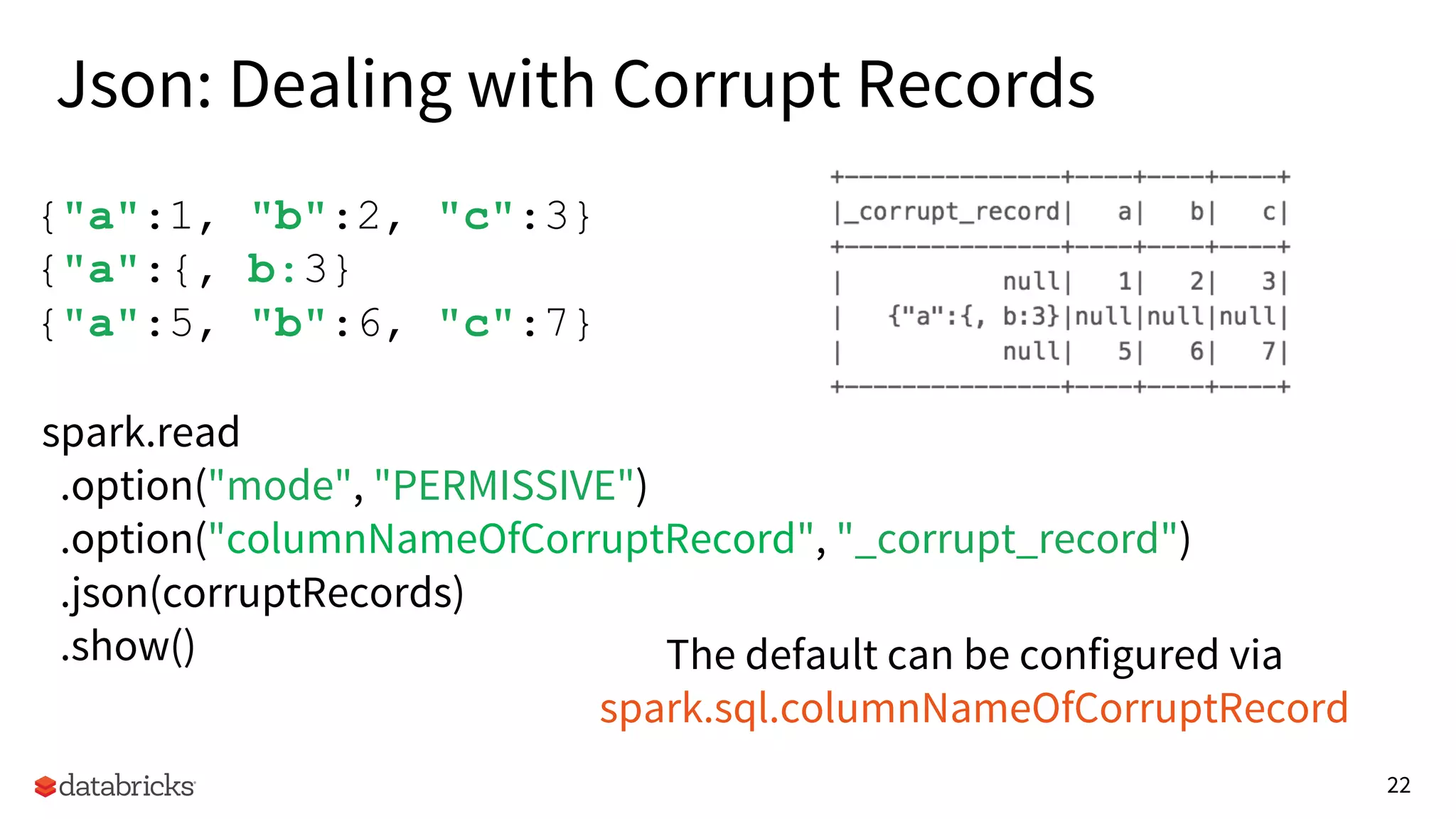 22
{"a":1, "b":2, "c":3}
{"a":{, b:3}
{"a":5, "b":6, "c":7}
spark.read
.option("mode", "PERMISSIVE")
.option("columnNameOfCorruptRecord", "_corrupt_record")
.json(corruptRecords)
.show() The default can be configured via
spark.sql.columnNameOfCorruptRecord
Json: Dealing with Corrupt Records
 