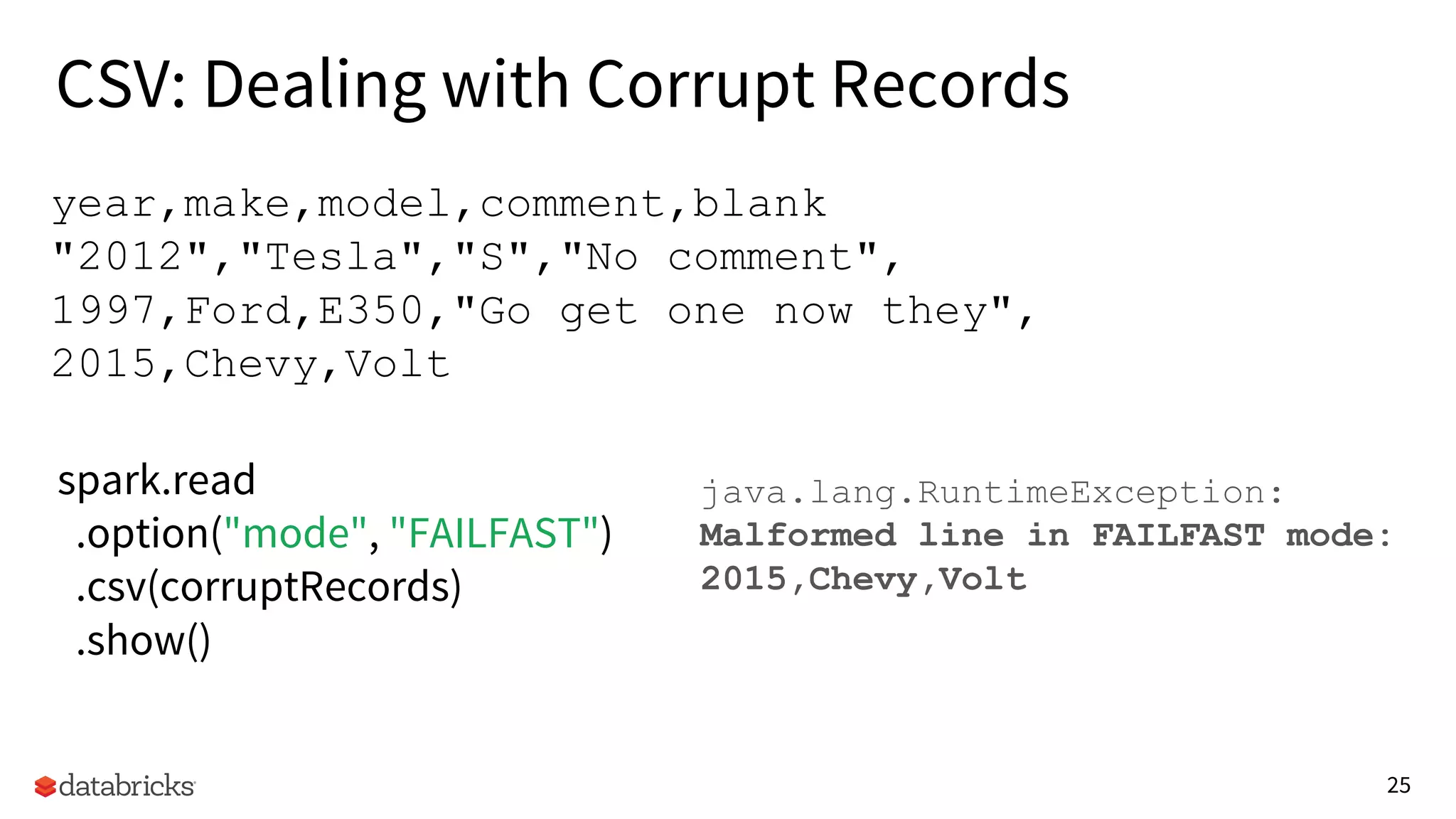 25
spark.read
.option("mode", "FAILFAST")
.csv(corruptRecords)
.show()
java.lang.RuntimeException:
Malformed line in FAILFAST mode:
2015,Chevy,Volt
CSV: Dealing with Corrupt Records
year,make,model,comment,blank
"2012","Tesla","S","No comment",
1997,Ford,E350,"Go get one now they",
2015,Chevy,Volt
 