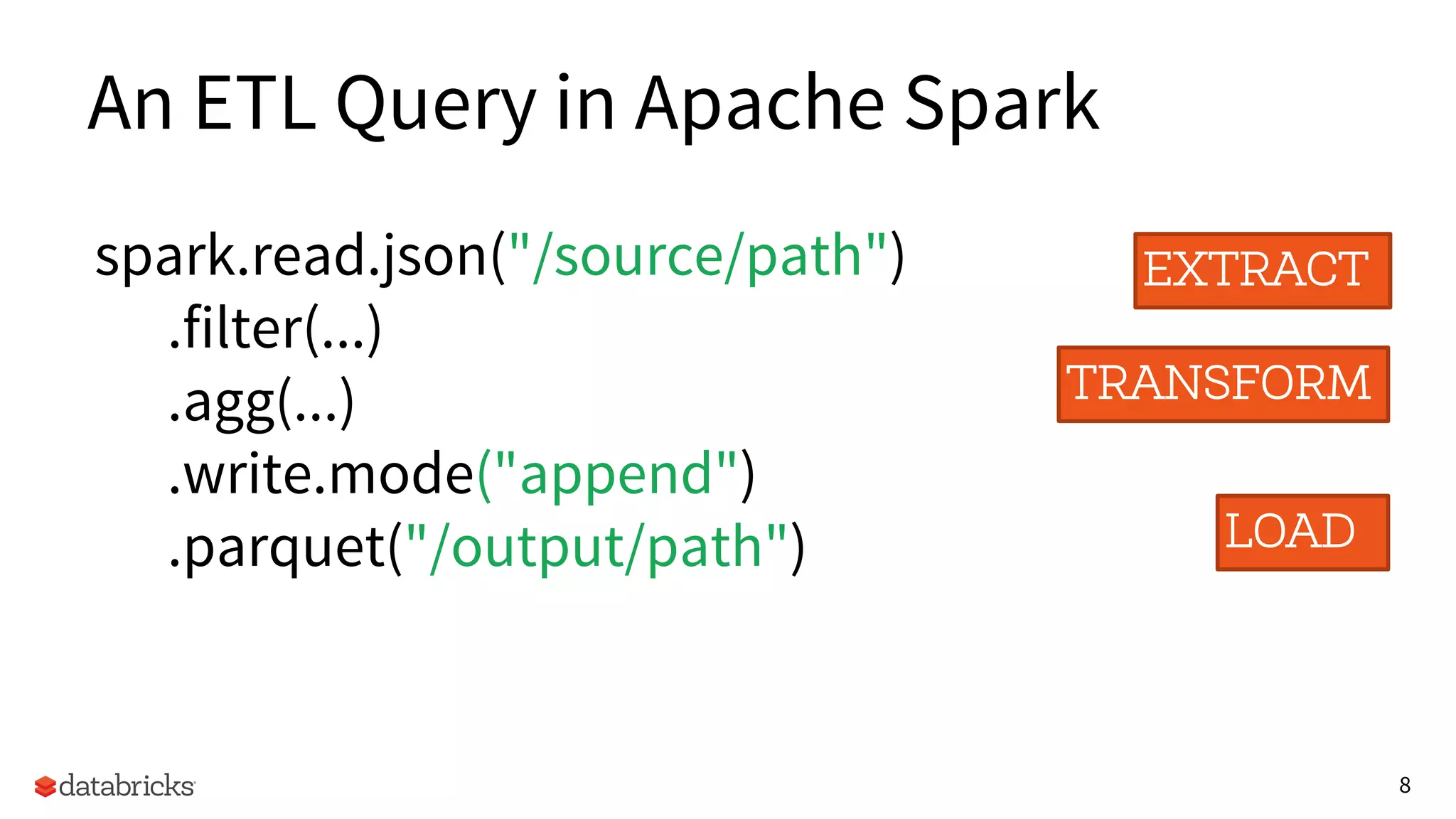 8
An ETL Query in Apache Spark
spark.read.json("/source/path")
.filter(...)
.agg(...)
.write.mode("append")
.parquet("/output/path")
EXTRACT
TRANSFORM
LOAD
 