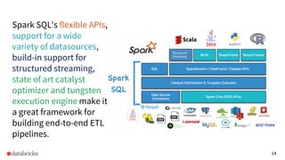 14
Structured
Streaming
Spark SQL's flexible APIs,
support for a wide
variety of datasources,
build-in support for
structured streaming,
state of art catalyst
optimizer and tungsten
execution engine make it
a great framework for
building end-to-end ETL
pipelines.
 