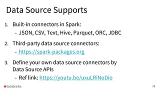 15
Data Source Supports
1. Built-in connectors in Spark:
– JSON, CSV, Text, Hive, Parquet, ORC, JDBC
2. Third-party data source connectors:
– https://spark-packages.org
3. Define your own data source connectors by
Data Source APIs
– Ref link: https://youtu.be/uxuLRiNoDio
 