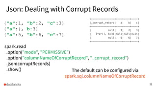 22
{"a":1, "b":2, "c":3}
{"a":{, b:3}
{"a":5, "b":6, "c":7}
spark.read
.option("mode", "PERMISSIVE")
.option("columnNameOfCorruptRecord", "_corrupt_record")
.json(corruptRecords)
.show() The default can be configured via
spark.sql.columnNameOfCorruptRecord
Json: Dealing with Corrupt Records
 