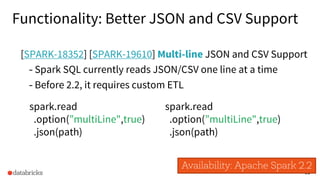 31
Functionality: Better JSON and CSV Support
[SPARK-18352] [SPARK-19610] Multi-line JSON and CSV Support
- Spark SQL currently reads JSON/CSV one line at a time
- Before 2.2, it requires custom ETL
spark.read
.option(”multiLine",true)
.json(path)
Availability: Apache Spark 2.2
spark.read
.option(”multiLine",true)
.json(path)
 