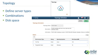Topology
 Define server types
 Combinations
 Disk space
 