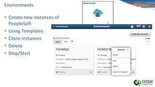Environments
 Create new instances of
PeopleSoft
 Using Templates
 Clone instances
 Delete
 Stop/Start
 