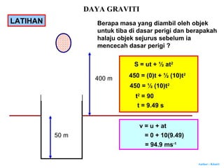 Author : Khairi
400 m
50 m
Berapa masa yang diambil oleh objek
untuk tiba di dasar perigi dan berapakah
halaju objek sejurus sebelum ia
mencecah dasar perigi ?
S = ut + ½ at2
450 = (0)t + ½ (10)t2
450 = ½ (10)t2
t2
= 90
t = 9.49 s
v = u + at
= 0 + 10(9.49)
= 94.9 ms-1
LATIHAN
DAYA GRAVITI
 