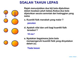 Author : Khairi
c. Kuantiti fizik manakah yang malar ?
pecutan
d. Apakah nilai dan unit bagi kuantiti fizik
tersebut ?
10 ms-2
e. Nyatakan bagaimana jisim bola
mempengaruhi kuantiti fizik yang dinyatakan
dalam (c).
Tiada kesan
SOALAN TAHUN LEPASSOALAN TAHUN LEPAS
Rajah menunjukkan dua biji bola dijatuhkan
dalam keadaan jatuh bebas.Kedua-dua bola
dijatuhkan secara serentak dari ketinggian yang
sama
 