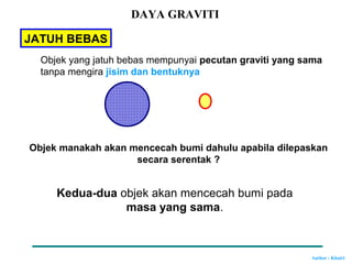 Author : Khairi
JATUH BEBAS
Objek yang jatuh bebas mempunyai pecutan graviti yang sama
tanpa mengira jisim dan bentuknya
Objek manakah akan mencecah bumi dahulu apabila dilepaskan
secara serentak ?
Kedua-dua objek akan mencecah bumi pada
masa yang sama.
DAYA GRAVITI
 