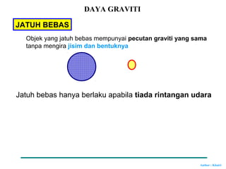 Author : Khairi
JATUH BEBAS
Jatuh bebas hanya berlaku apabila tiada rintangan udara
DAYA GRAVITI
Objek yang jatuh bebas mempunyai pecutan graviti yang sama
tanpa mengira jisim dan bentuknya
 