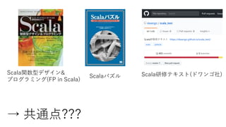 Scala関数型デザイン&
プログラミング(FP in Scala)
Scalaパズル Scala研修テキスト(ドワンゴ社)
→ 共通点???
 