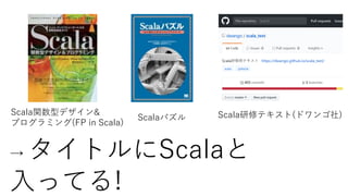 Scala関数型デザイン&
プログラミング(FP in Scala)
Scalaパズル Scala研修テキスト(ドワンゴ社)
→ タイトルにScalaと
入ってる!
 