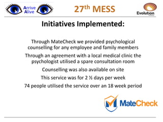 1 27th MESS
Initiatives Implemented:
Through MateCheck we provided psychological
counselling for any employee and family members
Through an agreement with a local medical clinic the
psychologist utilised a spare consultation room
Counselling was also available on site
This service was for 2 ½ days per week
74 people utilised the service over an 18 week period
 