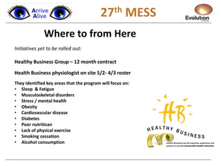 1 27th MESS
Where to from Here
Initiatives yet to be rolled out:
Healthy Business Group – 12 month contract
Health Business physiologist on site 5/2- 4/3 roster
They identified key areas that the program will focus on:
• Sleep & Fatigue
• Musculoskeletal disorders
• Stress / mental health
• Obesity
• Cardiovascular disease
• Diabetes
• Poor nutritican
• Lack of physical exercise
• Smoking cessation
• Alcohol consumption
 