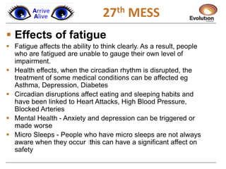 1
 Effects of fatigue
 Fatigue affects the ability to think clearly. As a result, people
who are fatigued are unable to gauge their own level of
impairment.
 Health effects, when the circadian rhythm is disrupted, the
treatment of some medical conditions can be affected eg
Asthma, Depression, Diabetes
 Circadian disruptions affect eating and sleeping habits and
have been linked to Heart Attacks, High Blood Pressure,
Blocked Arteries
 Mental Health - Anxiety and depression can be triggered or
made worse
 Micro Sleeps - People who have micro sleeps are not always
aware when they occur –this can have a significant affect on
safety
27th MESS
 