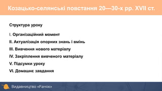 Структура уроку
І. Організаційний момент
ІІ. Актуалізація опорних знань і вмінь
ІІІ. Вивчення нового матеріалу
ІV. Закріплення вивченого матеріалу
V. Підсумки уроку
VІ. Домашнє завдання
Козацько-селянські повстання 20—30-х pp. XVII ст.
 