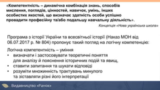 Програма з історії України та всесвітньої історії (Наказ МОН від
06.07.2017 р. № 804) пропонує такий погляд на логічну компетенцію:
Логічна компетентність – уміння
• визначати і застосовувати теоретичні поняття
для аналізу й пояснення історичних подій та явищ,
• ставити запитання та шукати відповіді
• розуміти множинність трактувань минулого
та зіставляти різні його інтерпретації
«Компетентність – динамічна комбінація знань, способів
мислення, поглядів, цінностей, навичок, умінь, інших
особистих якостей, що визначає здатність особи успішно
провадити професійну та/або подальшу навчальну діяльність».
Концепція «Нова українська школа»
 